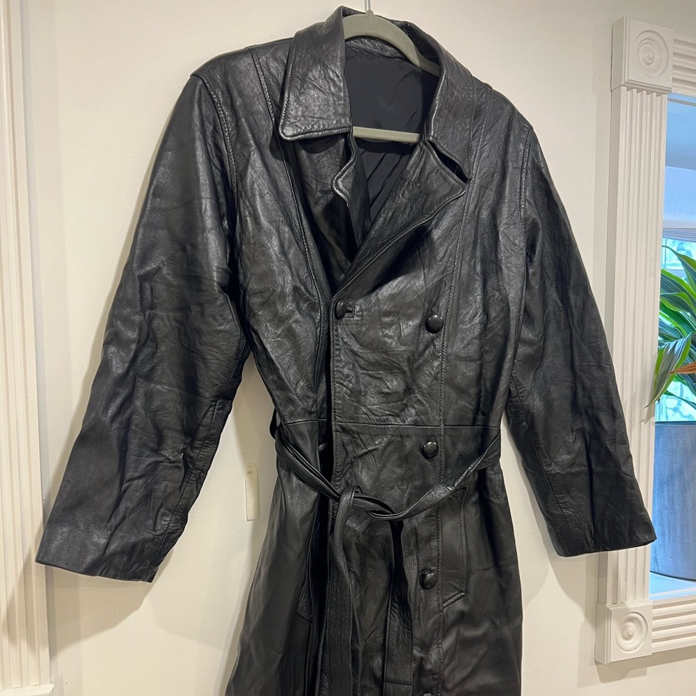 Black Vegan Leather Trench Coat - Edinburgh UK Vintage Store